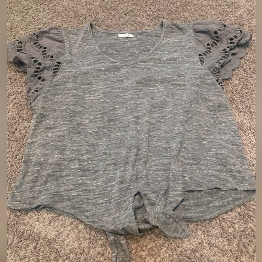 Maurices Tie plus size Front Top Gray Crochet Sleeve V Neck Casual Blouse Size 0